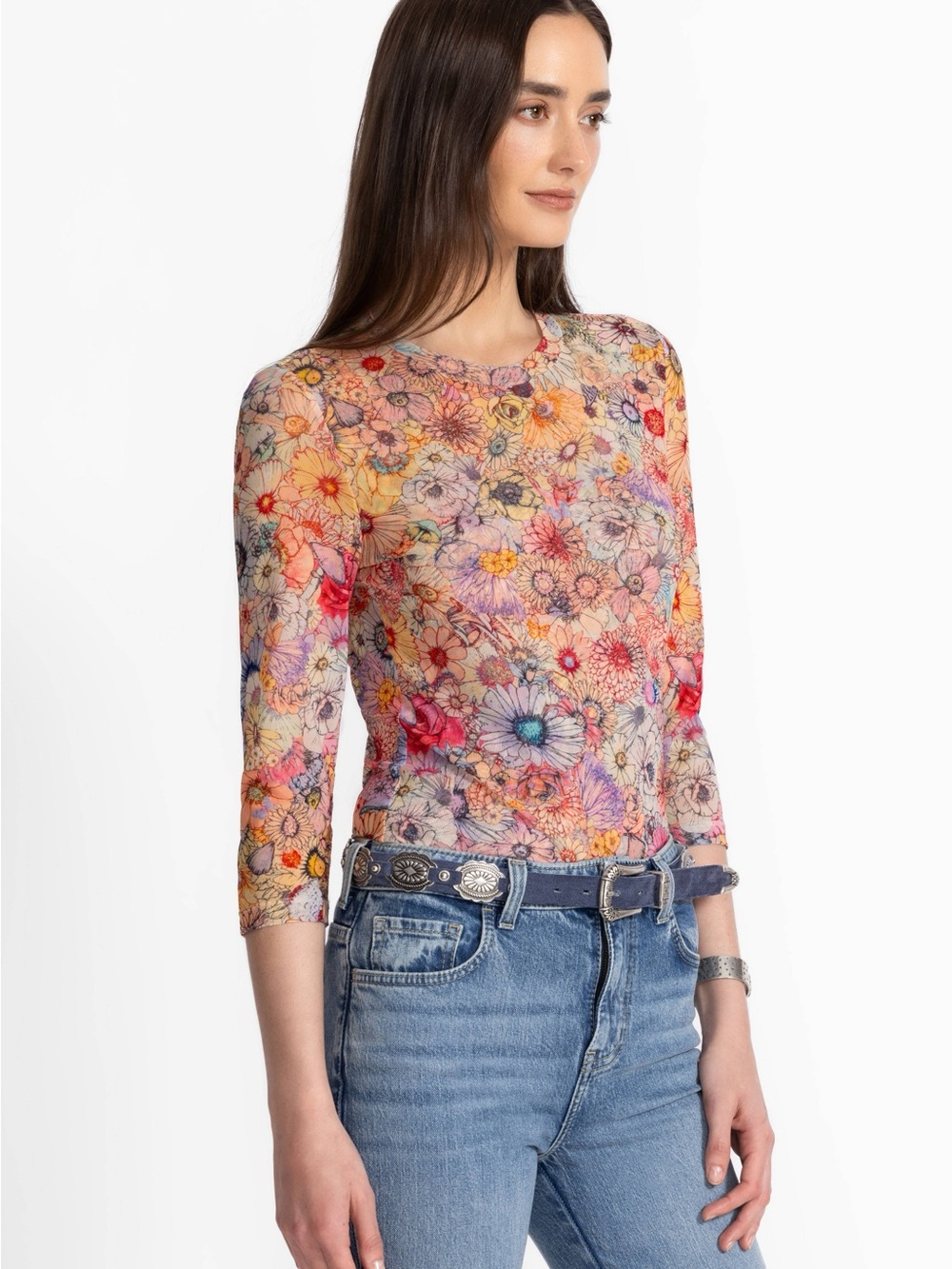 Johnny Was Natalie 3/4 Sleeve Mesh Tee – Sage Pink Floral – Size M